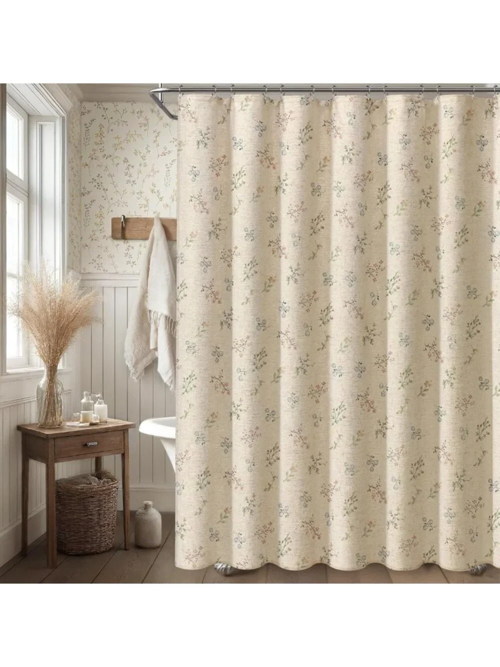 Vintage Floral Linen Shower Curtain | French Country Farmhouse Decor | 72x72
